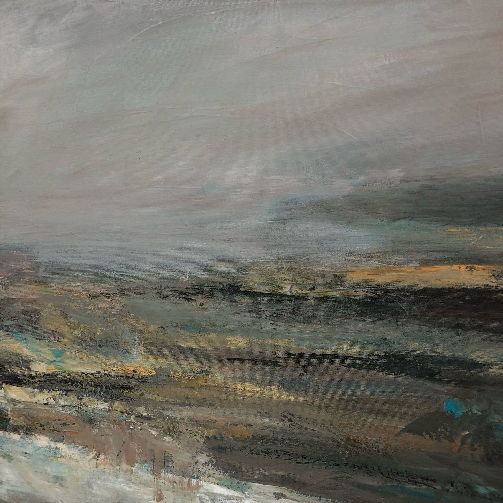 The image is an abstract painting with a predominantly gray and brown color palette, featuring a landscape scene with a cloudy sky and a body of water.