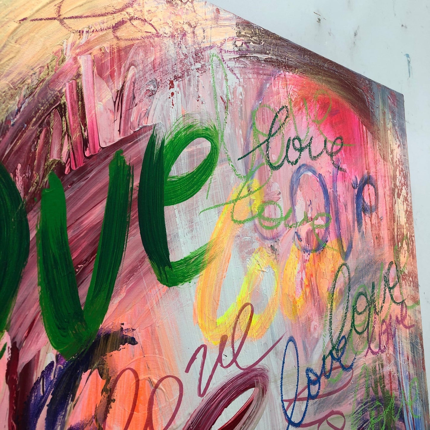 The image is a vibrant, colorful abstract painting with a variety of brushstrokes and splatters of paint. The painting features a mix of warm and cool colors, creating a lively and dynamic composition. The artist has used a variety of brushstrokes and techniques to create texture and depth, resulting in a visually engaging and expressive piece of art.