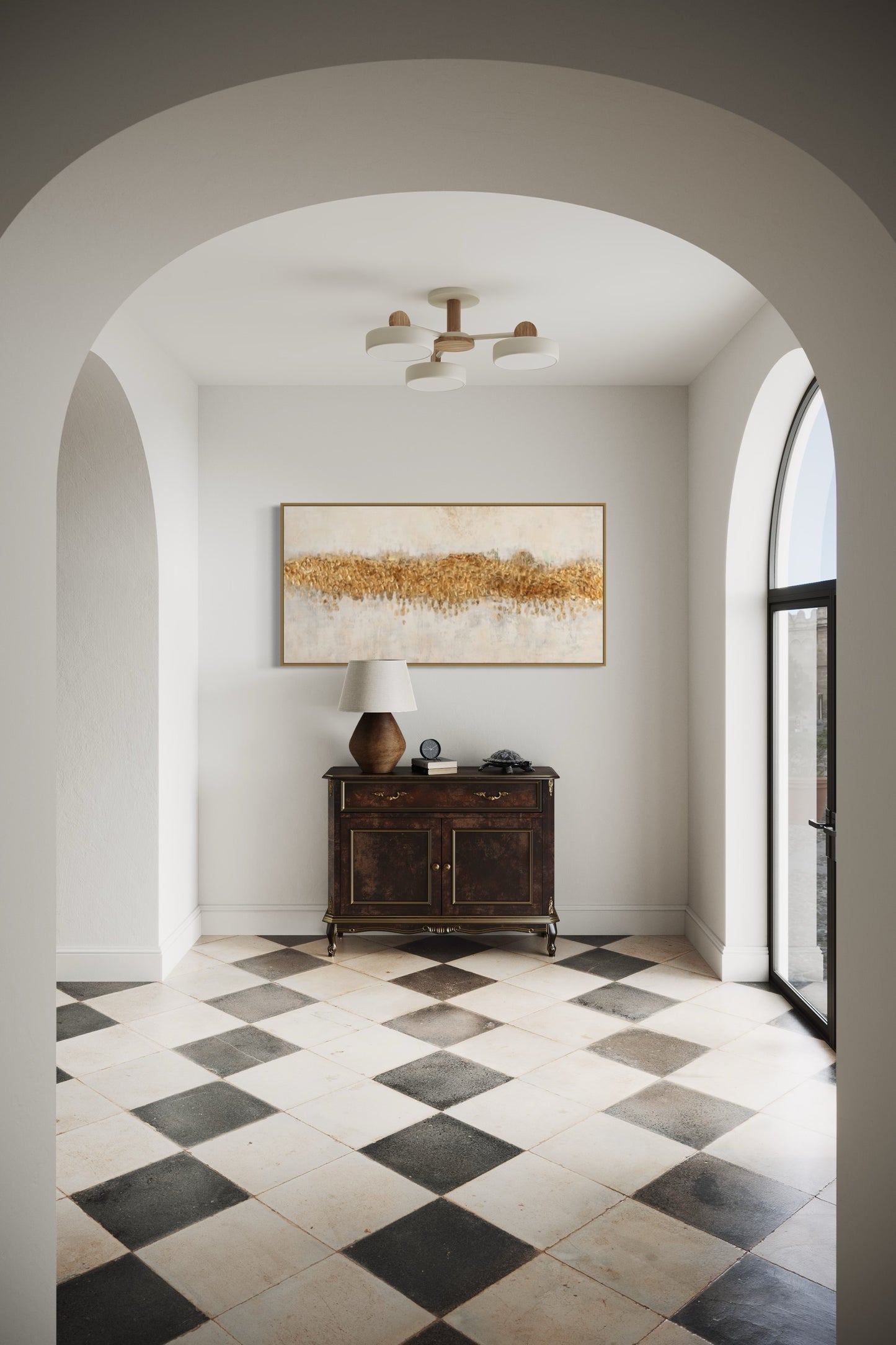 a room with a checkered floor and a painting on the wall