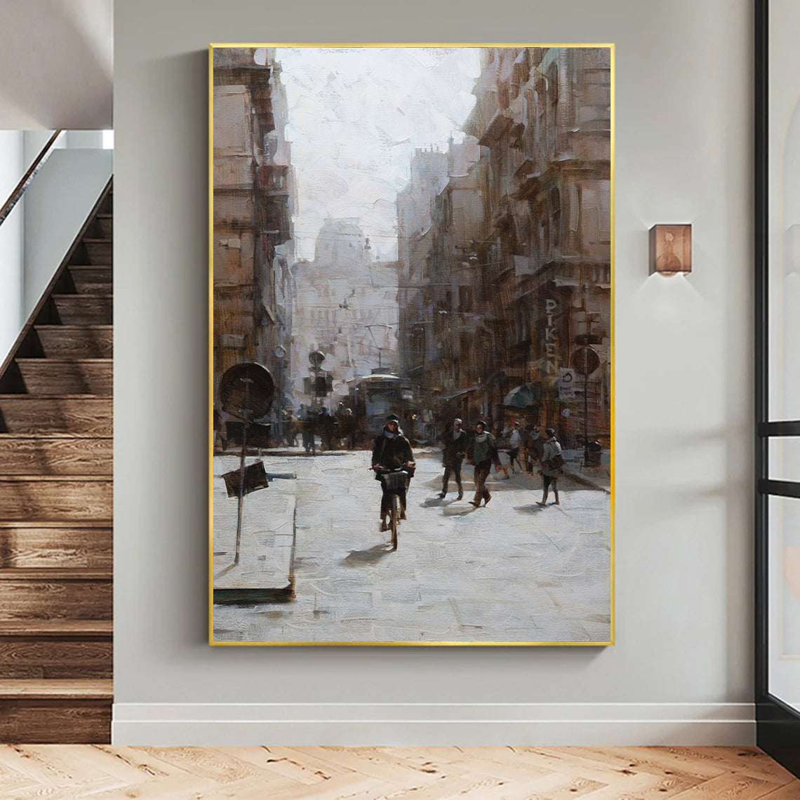 a painting of people walking down a city street