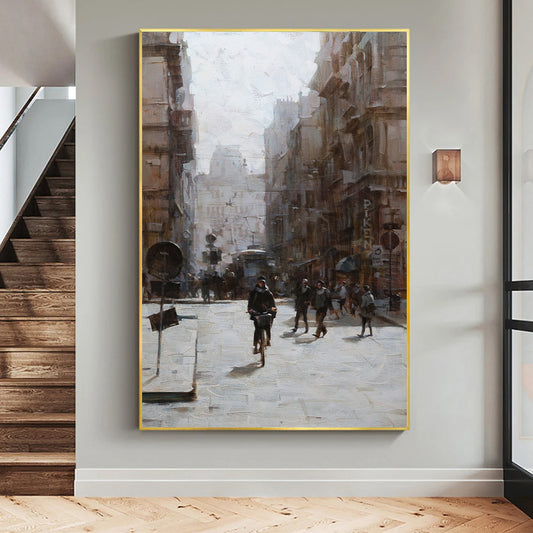 a painting of people walking down a city street