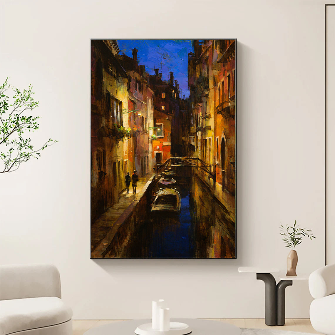 a painting of a city street at night