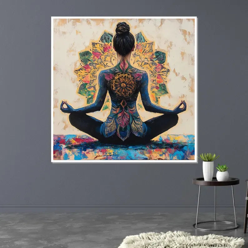 a woman sitting in a meditative pose, with a colorful and intricate design on her back, surrounded by a vibrant and visually striking background.