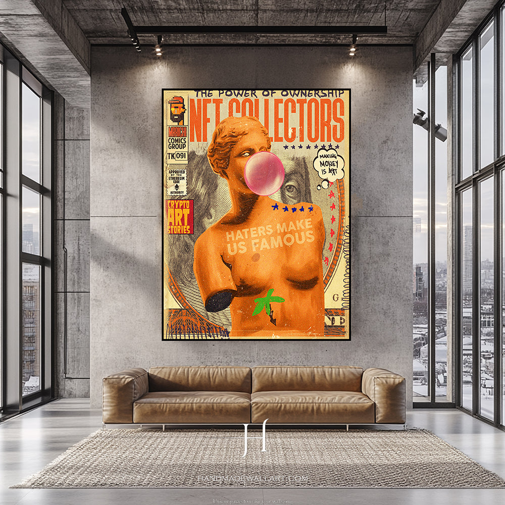 a living room with a couch and a poster on the wall