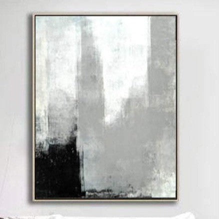 The image is a large abstract painting with a predominantly black and white color scheme, featuring vertical lines and brushstrokes that create a sense of depth and movement.