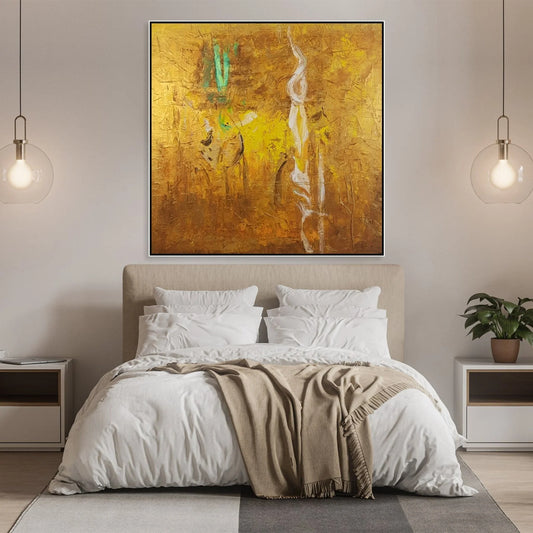 a large, colorful abstract painting hanging above a bed with white bedding and pillows.
