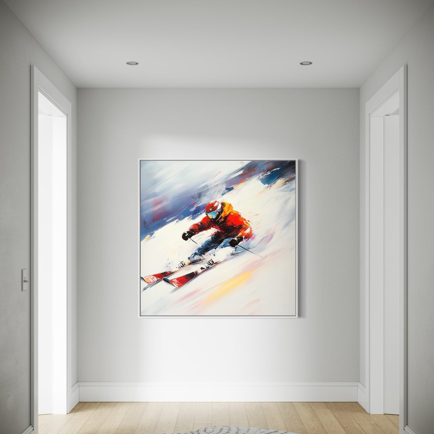 a painting of a person skiing in the snow