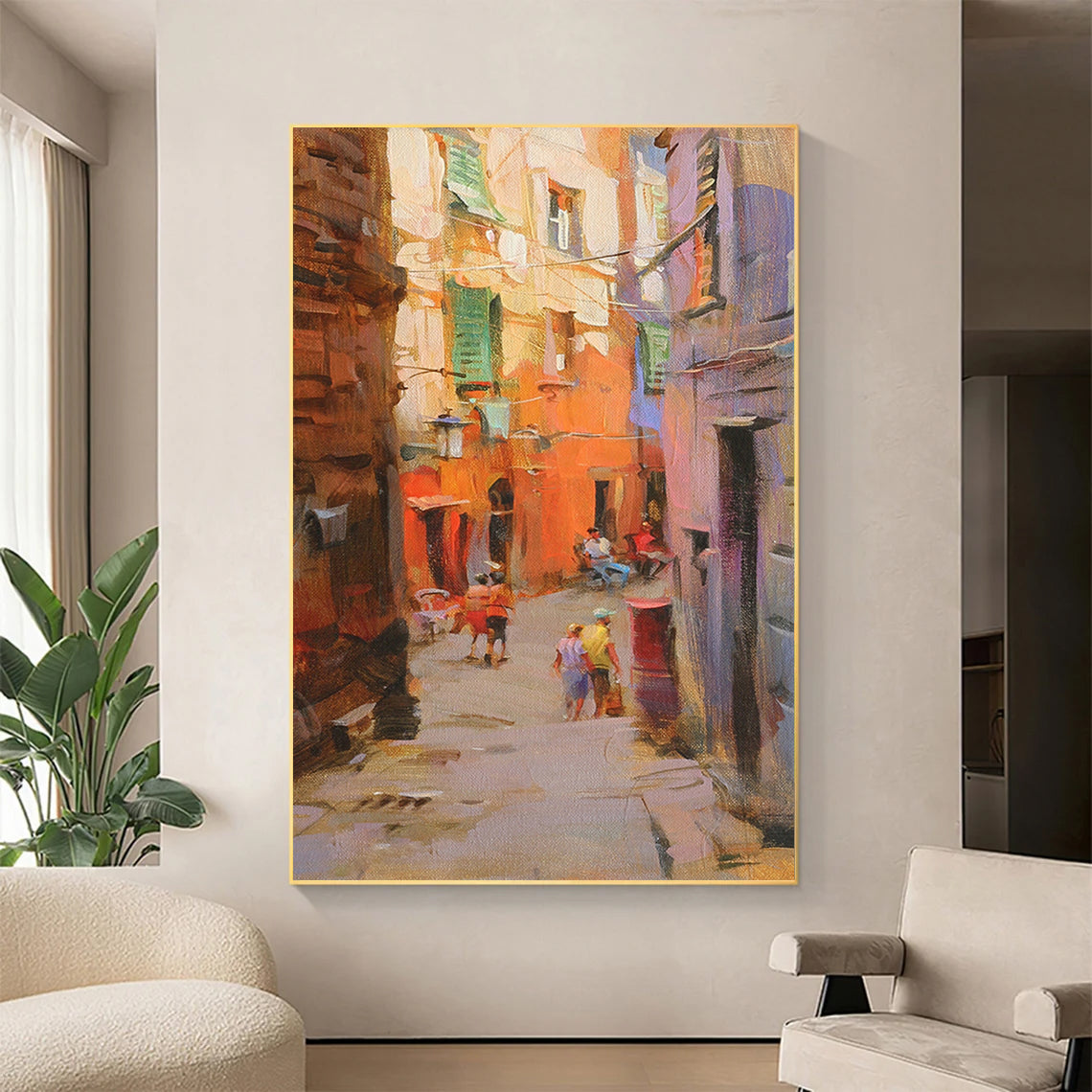 a painting of people walking down a street