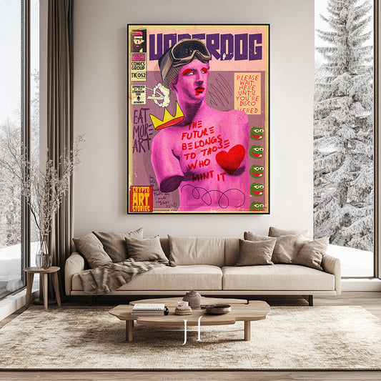 a living room with a couch and a painting on the wall