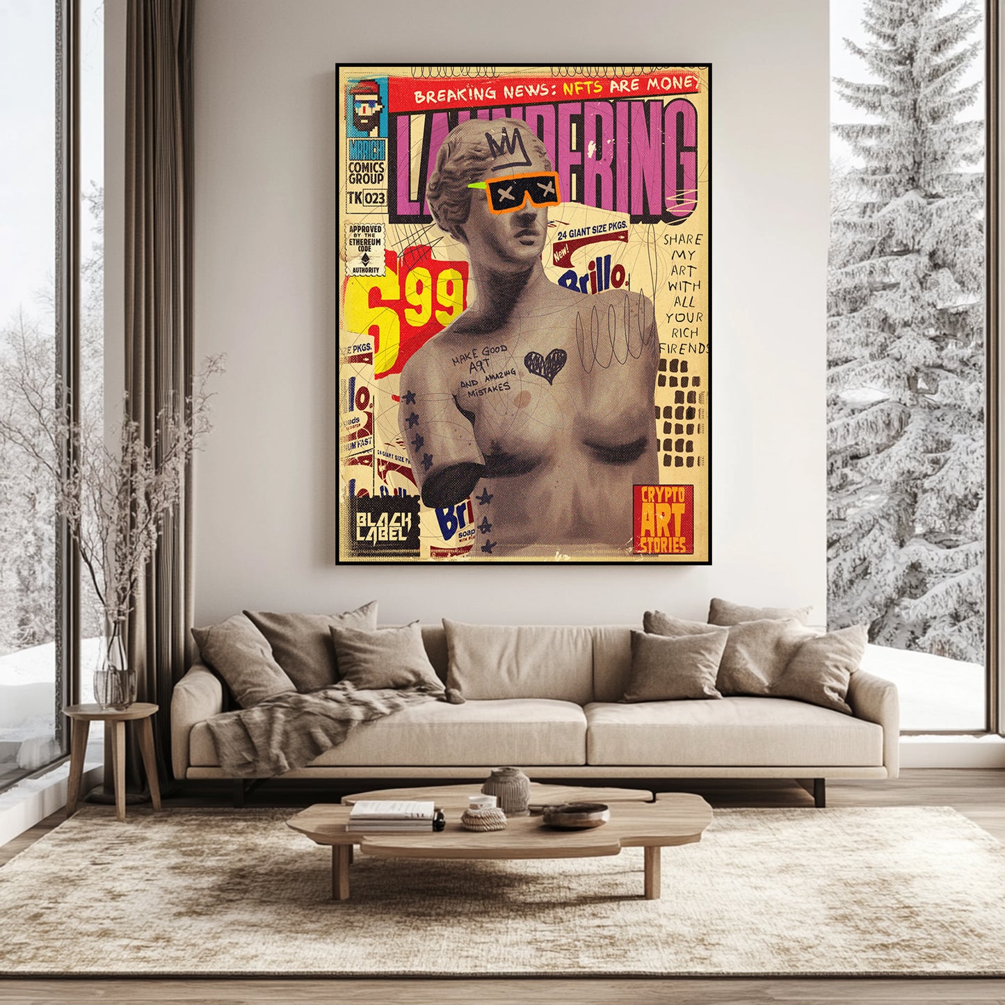a living room with a couch and a poster on the wall