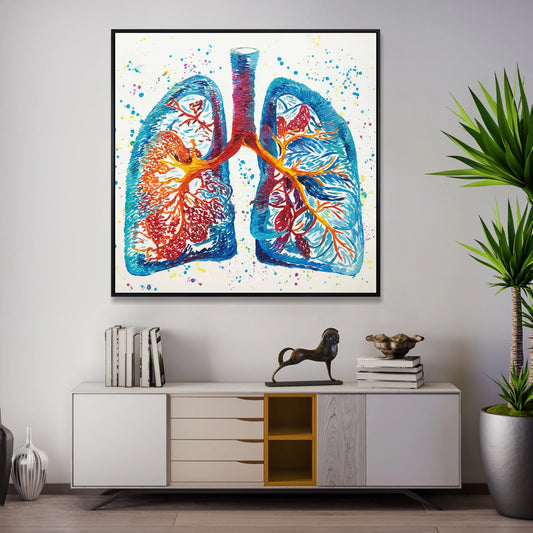 a large, colorful painting of the human respiratory system hanging on a wall above a white cabinet with drawers.