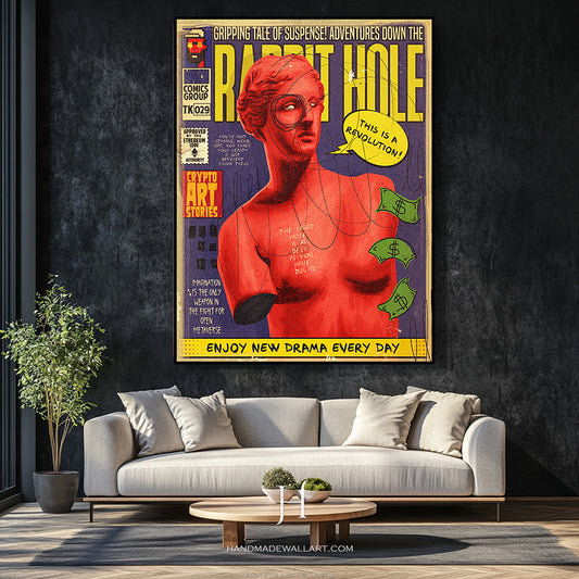 a poster of a naked woman on a wall above a couch