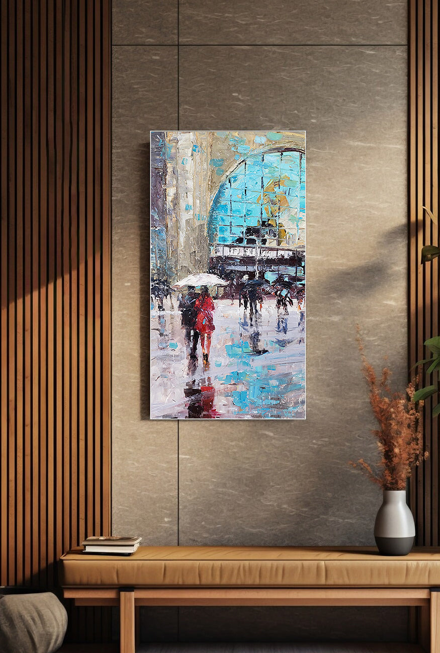 a painting of people walking in the rain