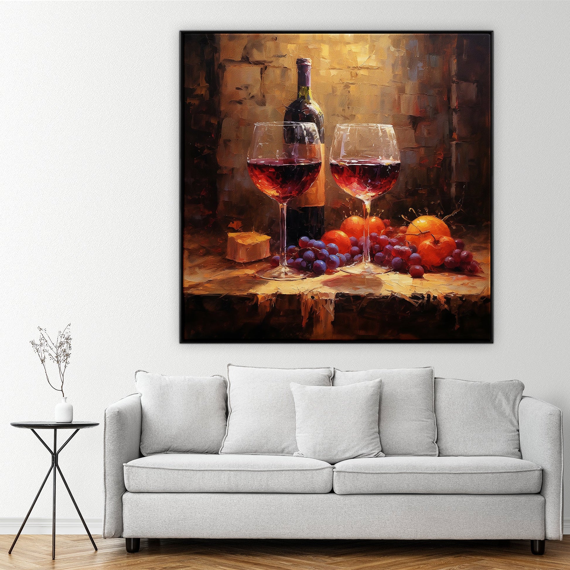 a painting of two wine glasses and a bottle of wine