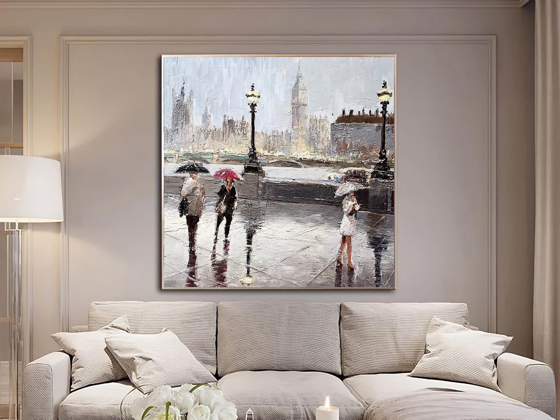 a painting of people walking in the rain with umbrellas