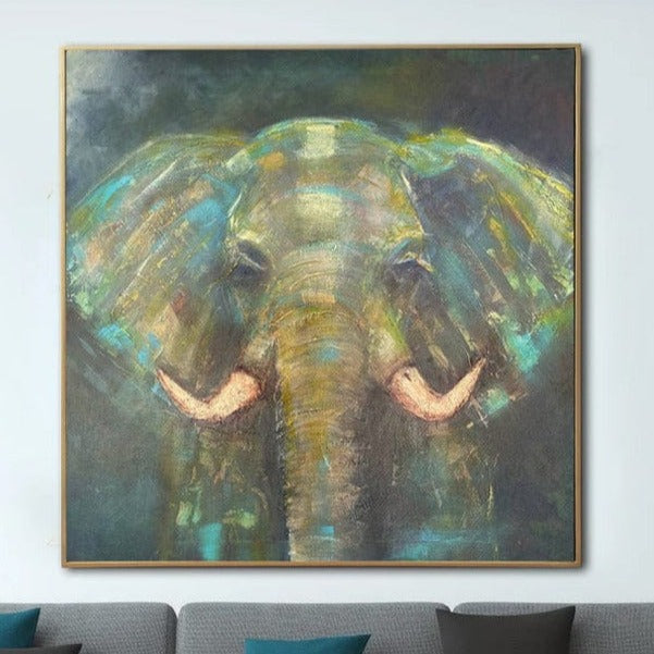 a painting of an elephant on a wall above a couch