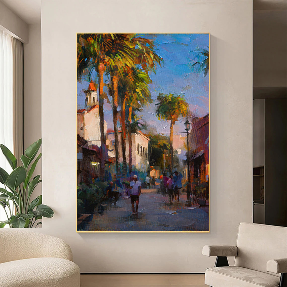 a painting of people walking down a street