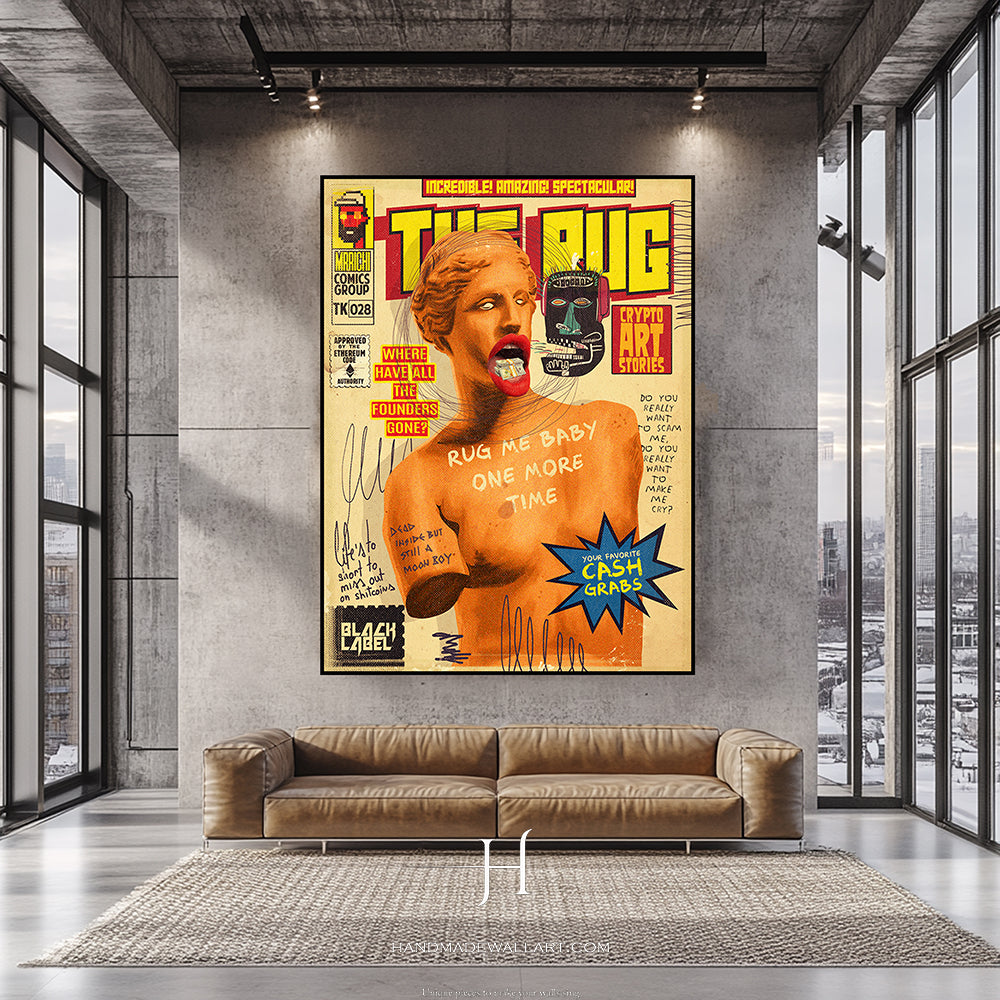 a living room with a couch and a poster on the wall