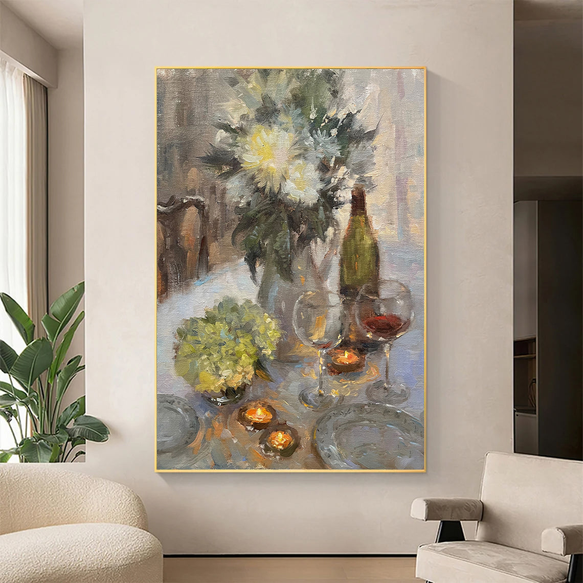 a painting of flowers in a vase on a table