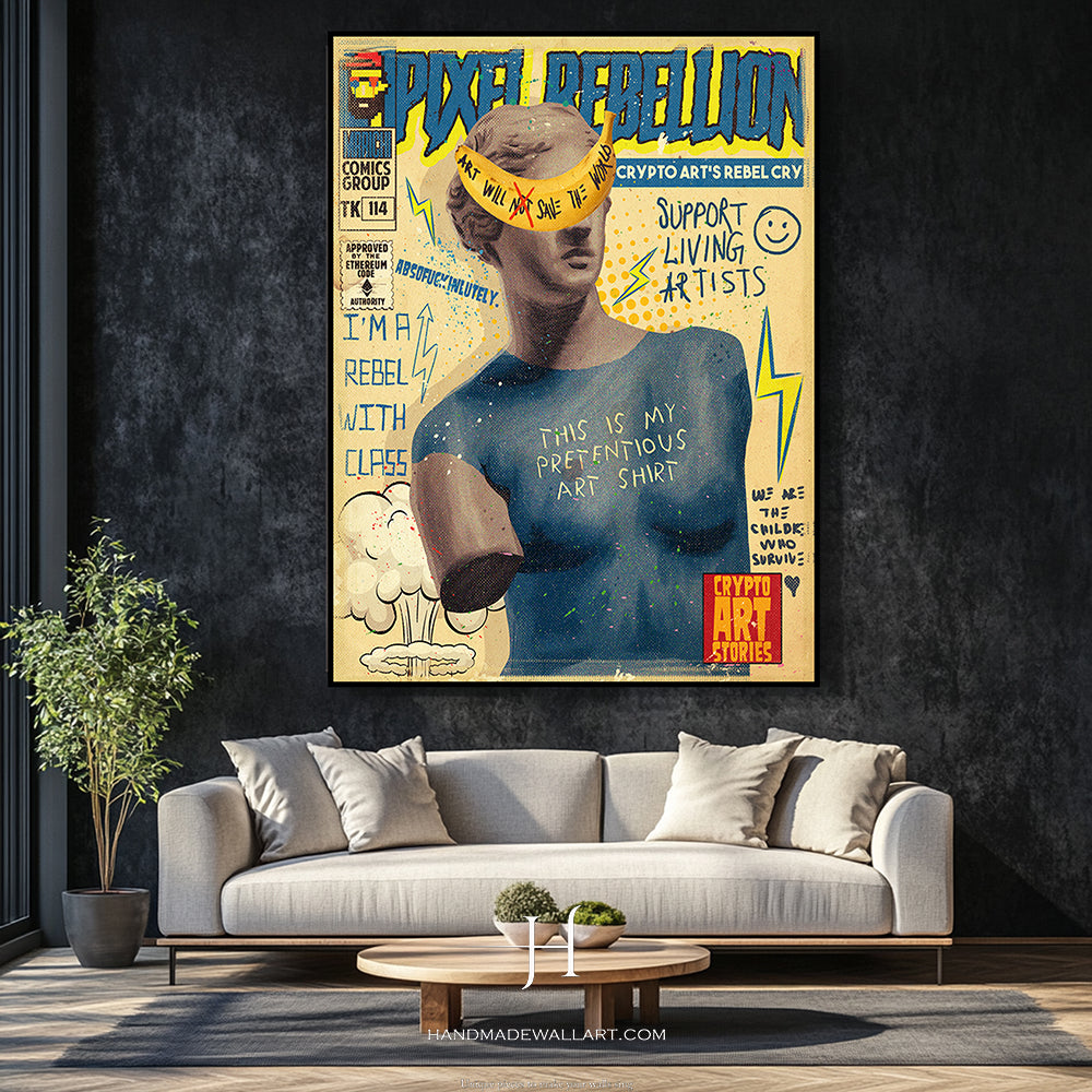 a living room with a couch and a painting on the wall