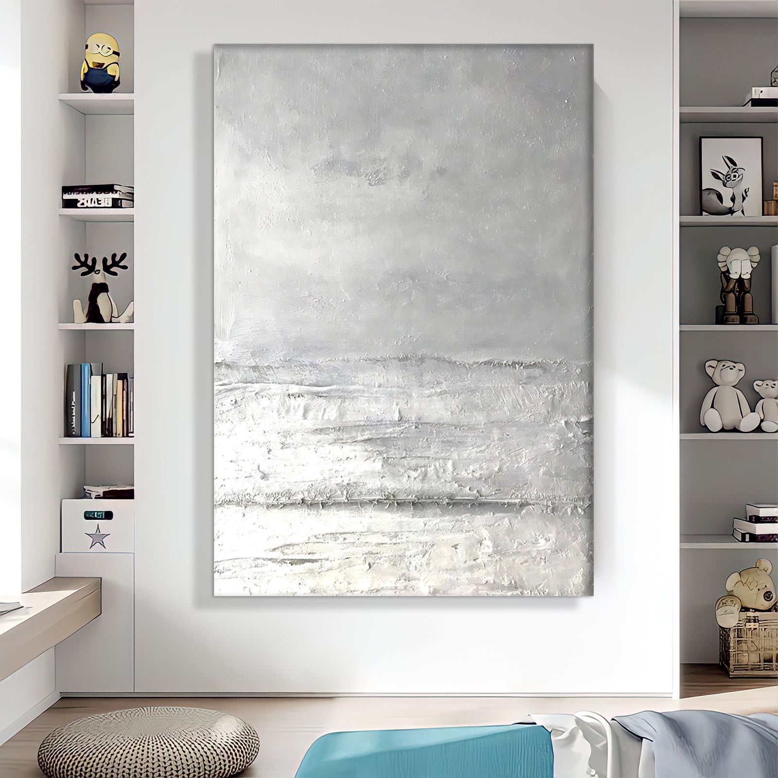 a large painting hanging on a wall in a living room