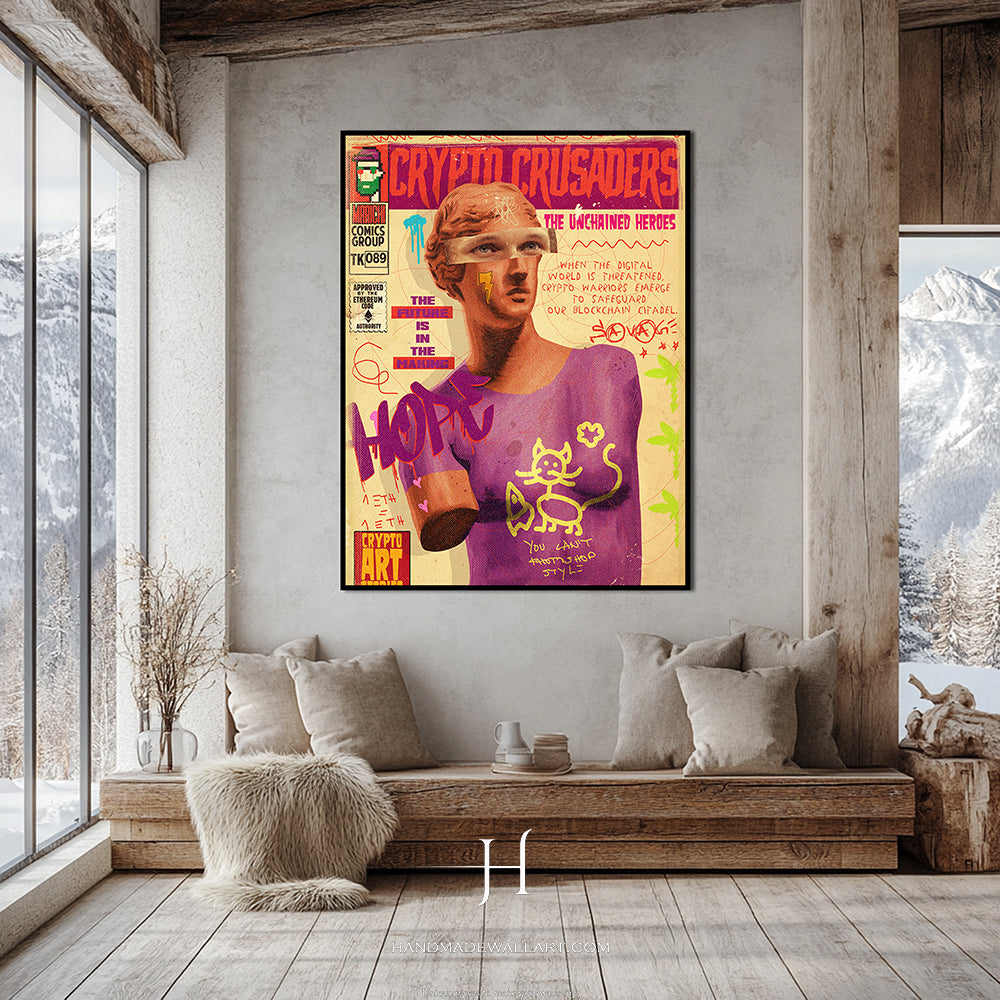 a living room with a couch and a poster on the wall