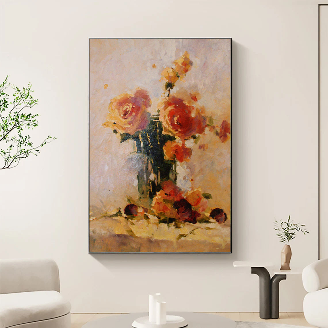 a painting of flowers in a vase on a table