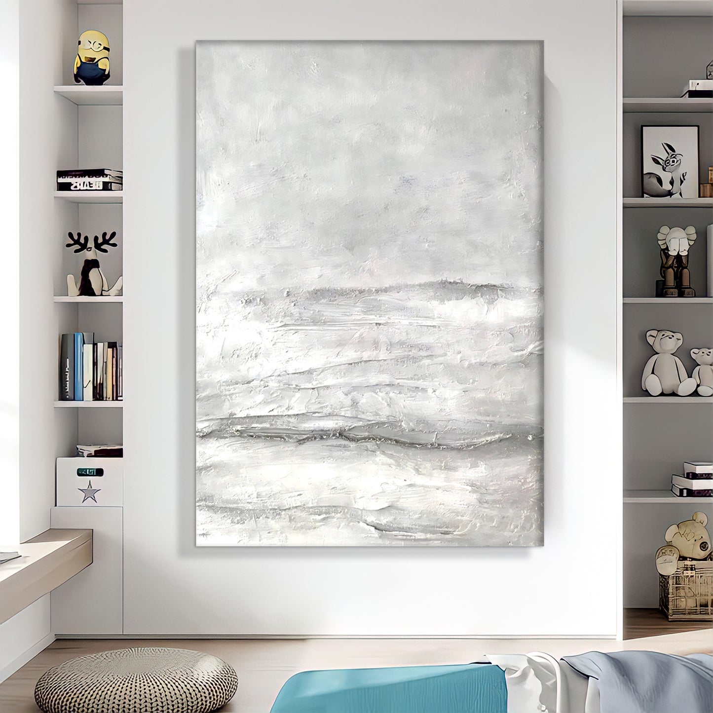 a large white painting hanging on a wall