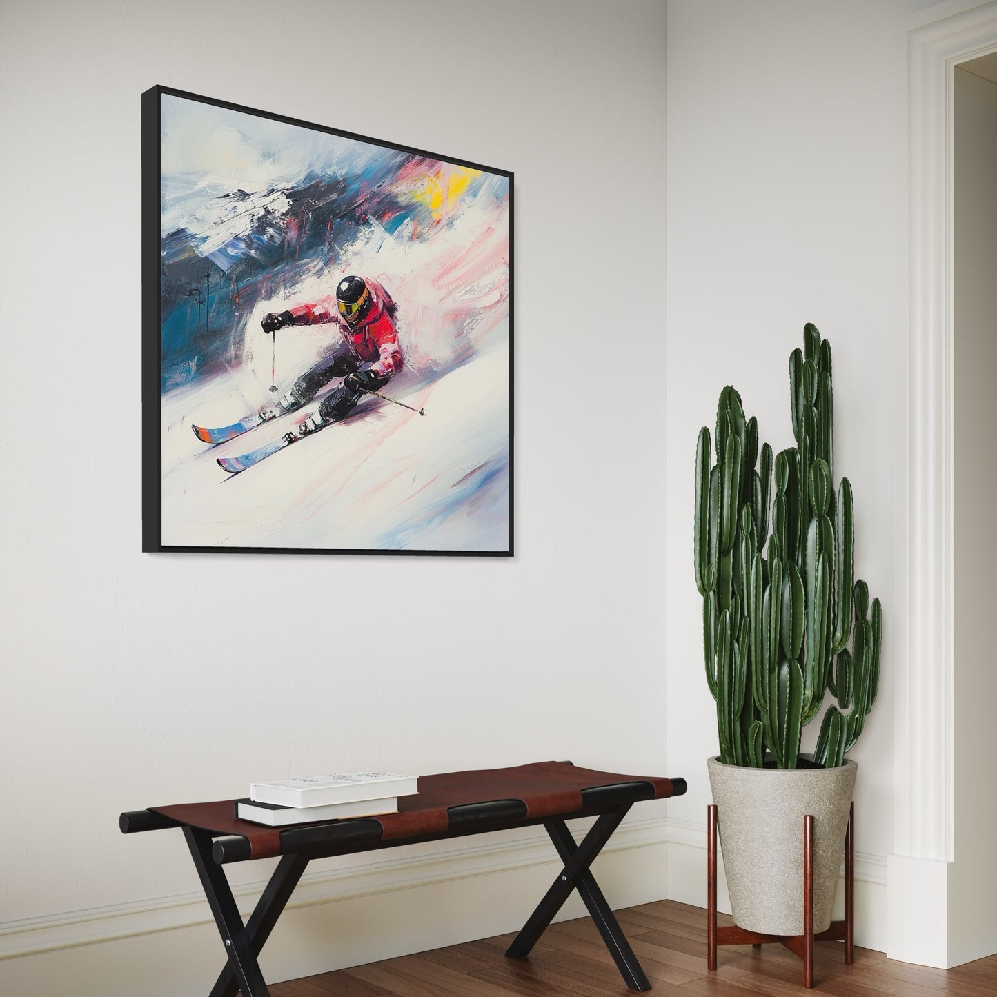 a painting of a skier is hanging on the wall