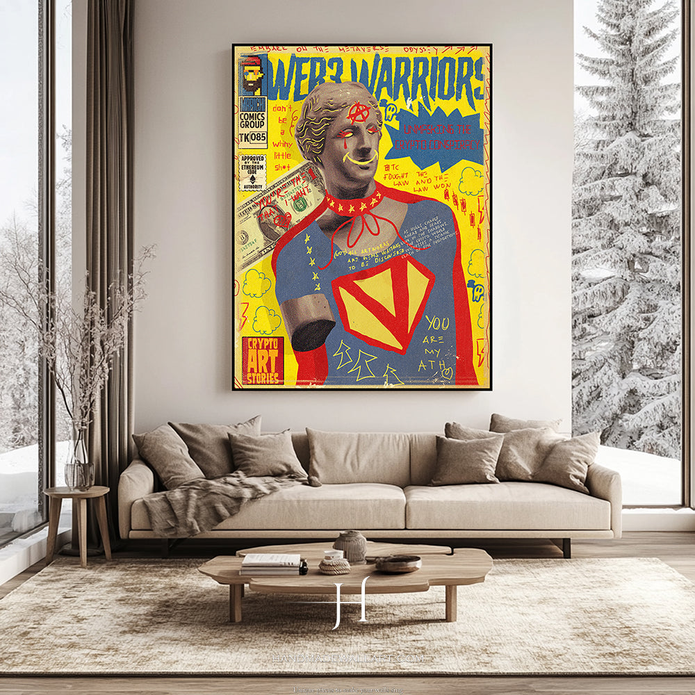 a living room with a large poster on the wall