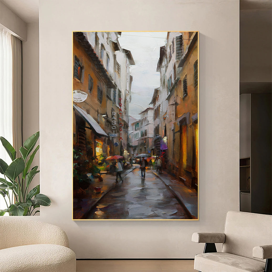 a painting of people walking down a city street