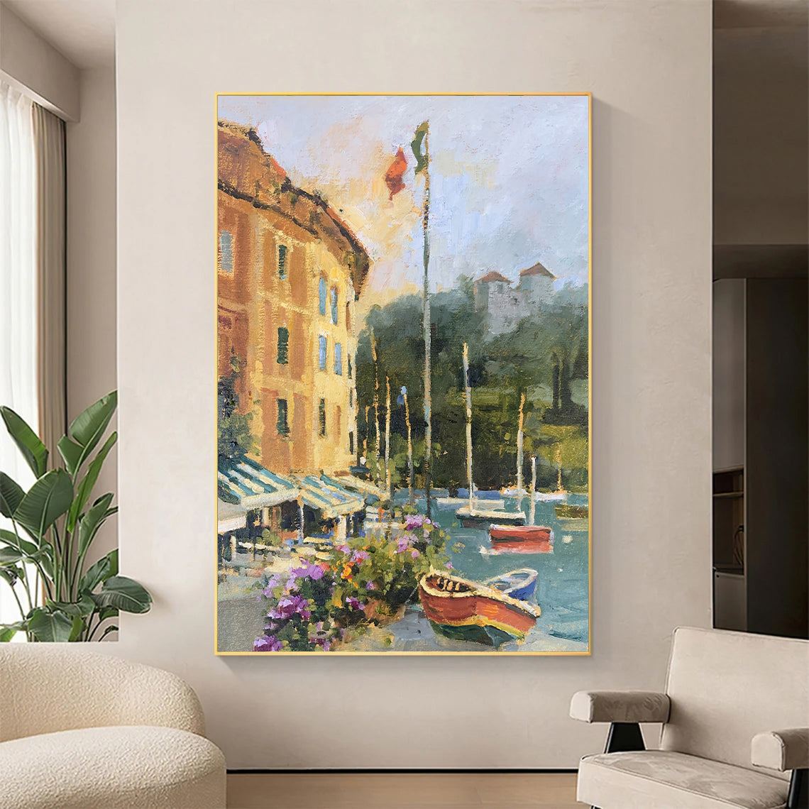 a living room with a painting of boats in the water