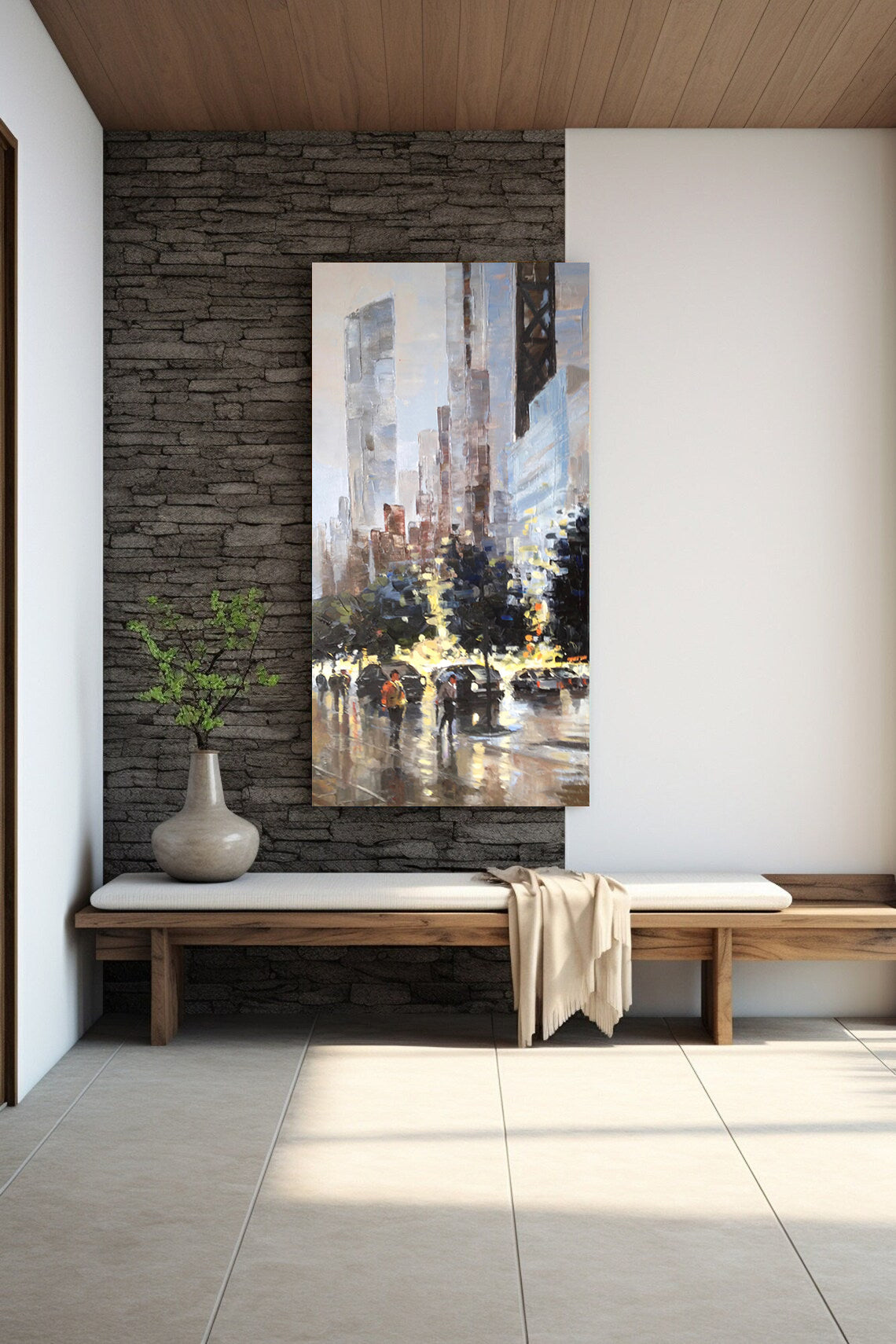 a painting of a cityscape on a wall next to a bench