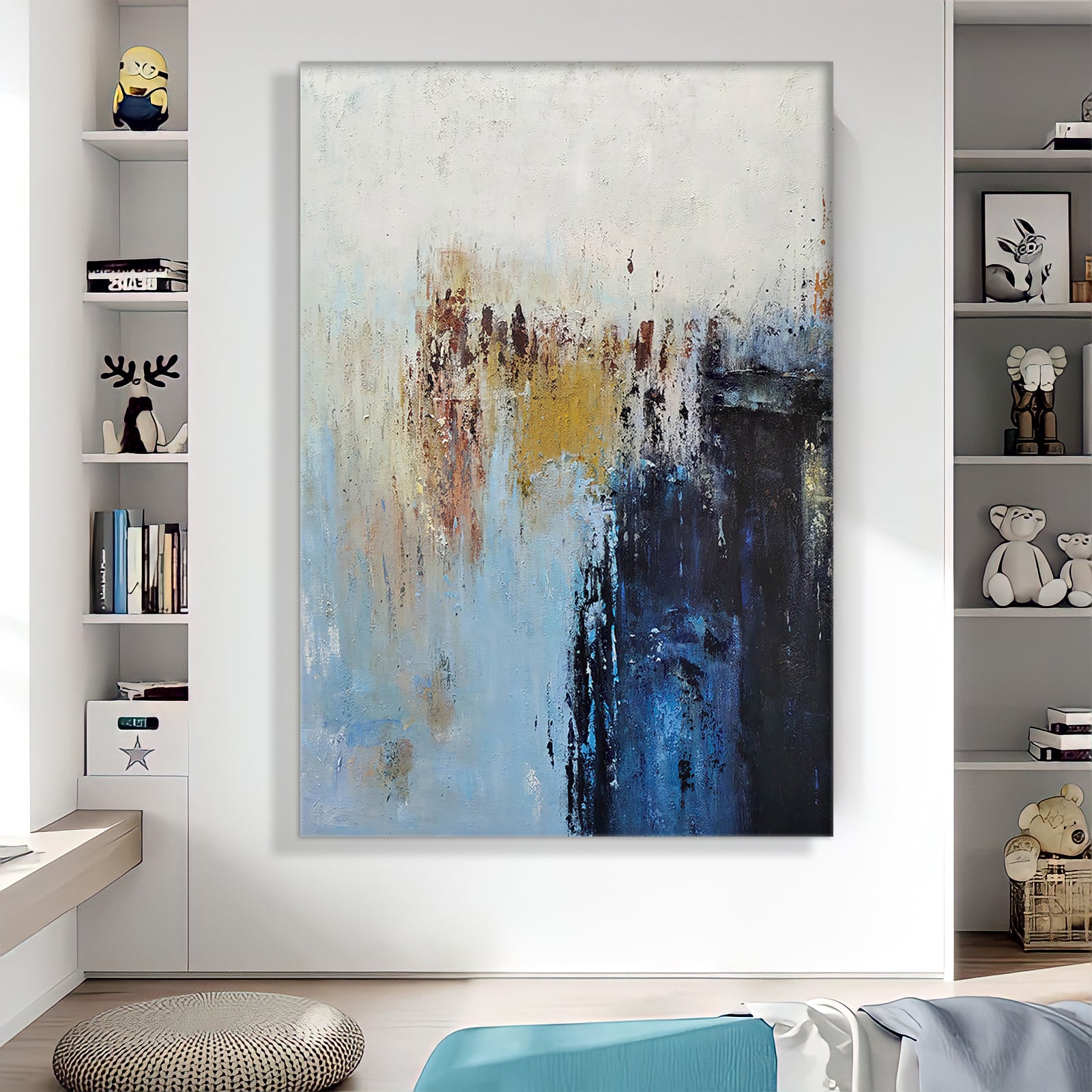 a painting hanging on a wall in a living room