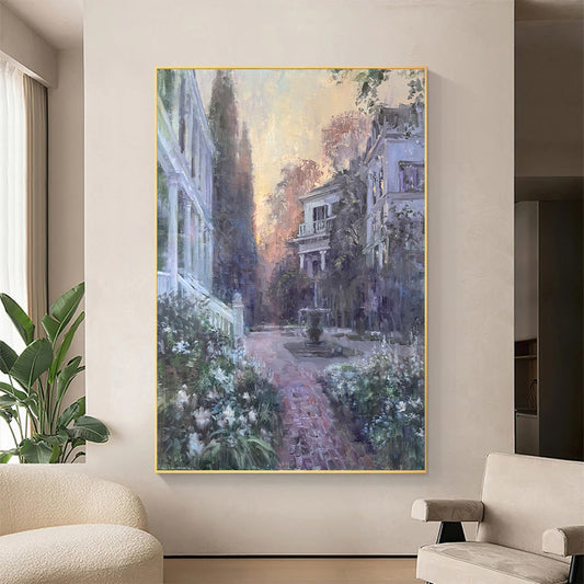 a painting hanging on a wall in a living room