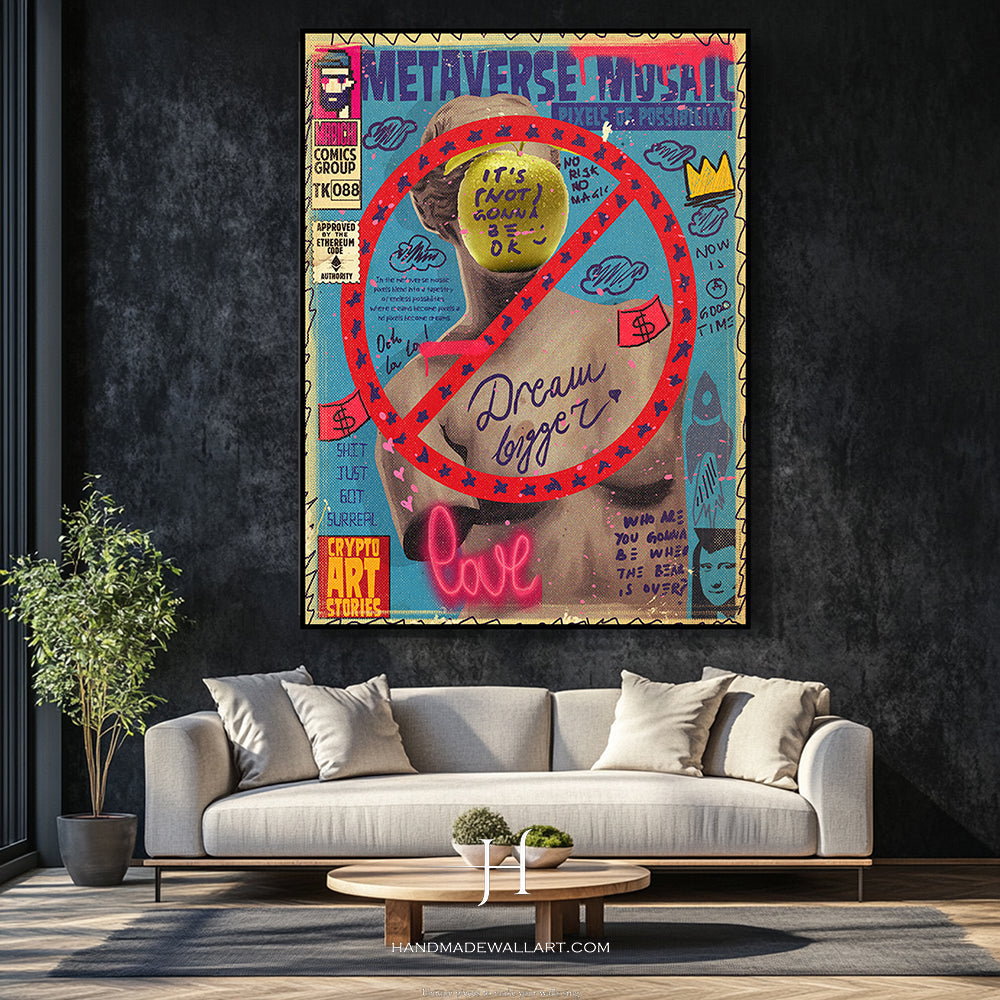 a living room with a couch and a painting on the wall