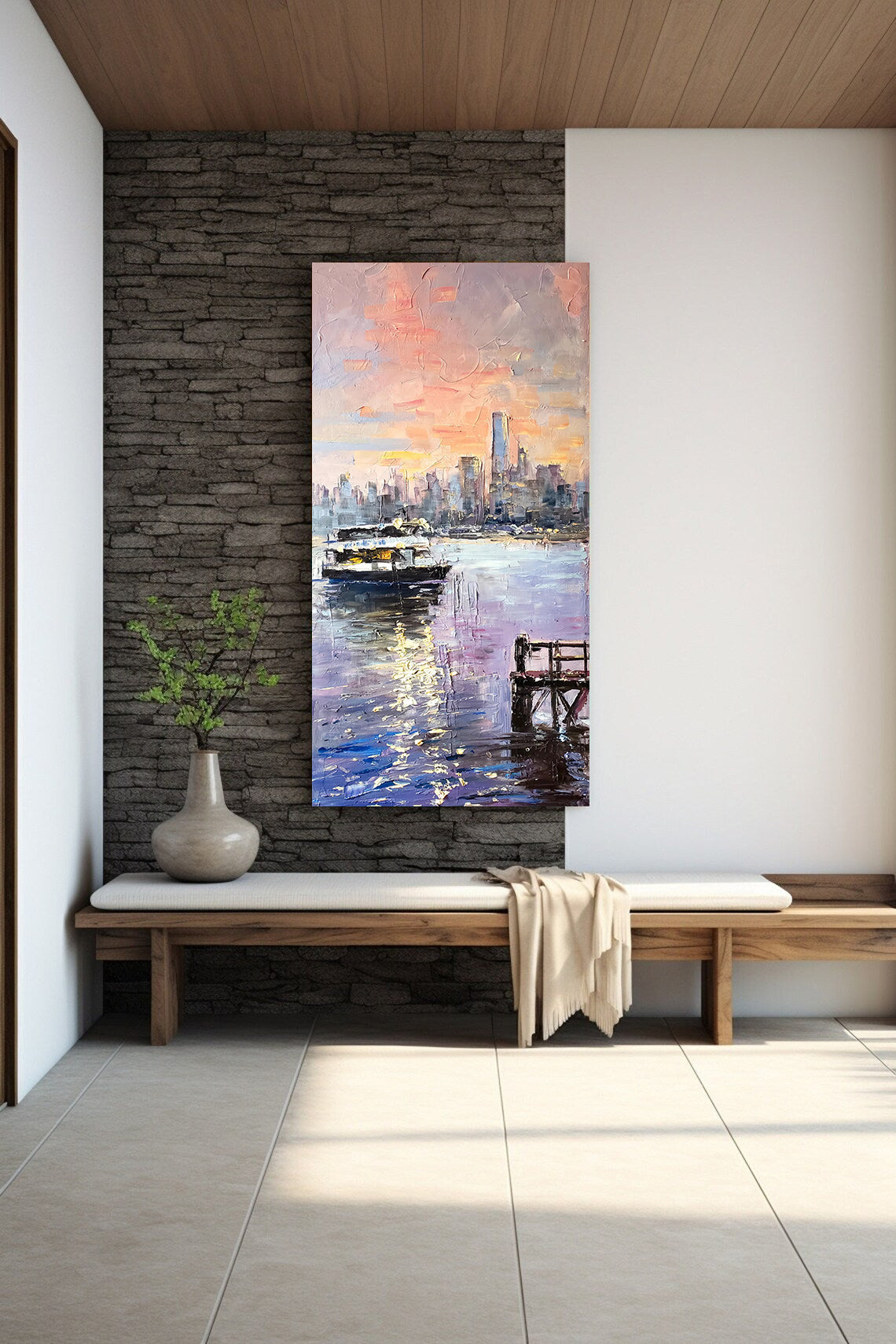 a painting of a boat in a harbor next to a bench