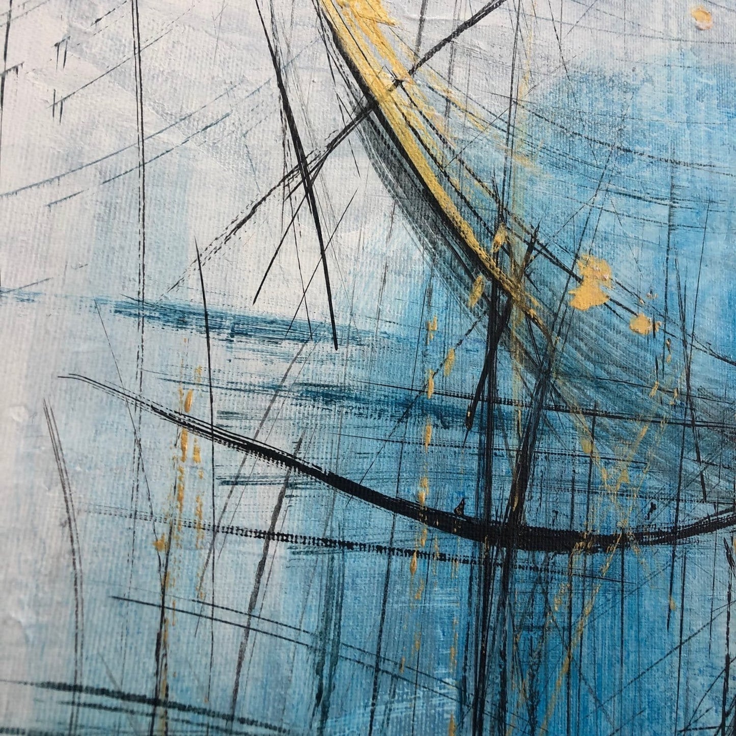 The image is an abstract painting with a mix of blue, black, and yellow colors. The painting has a textured and expressive appearance, with visible brushstrokes and splatters creating a dynamic and energetic composition.