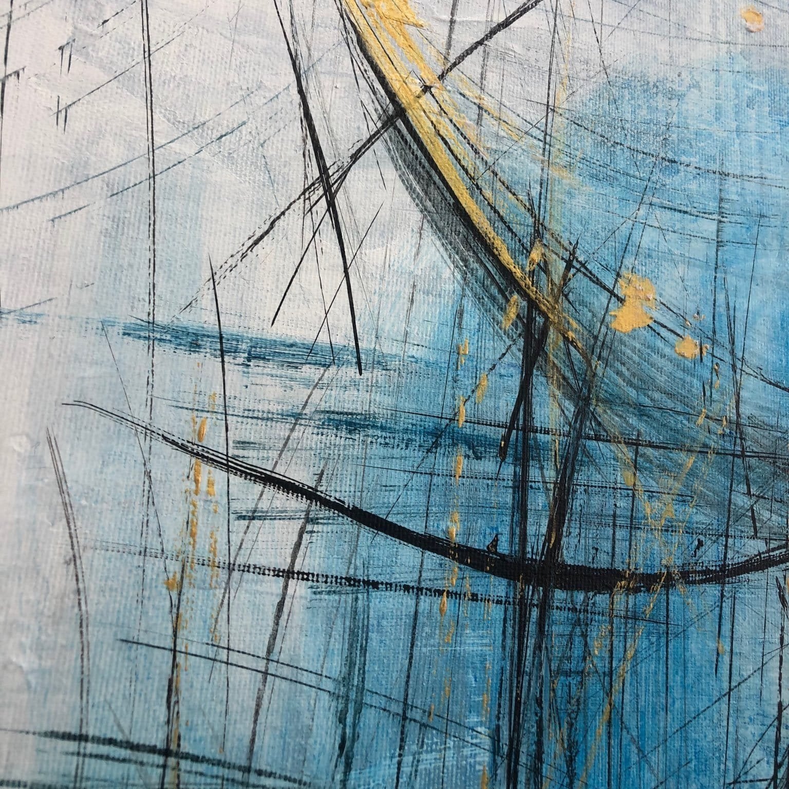 The image is an abstract painting with a mix of blue, black, and yellow colors. The painting has a textured and expressive appearance, with visible brushstrokes and splatters creating a dynamic and energetic composition.