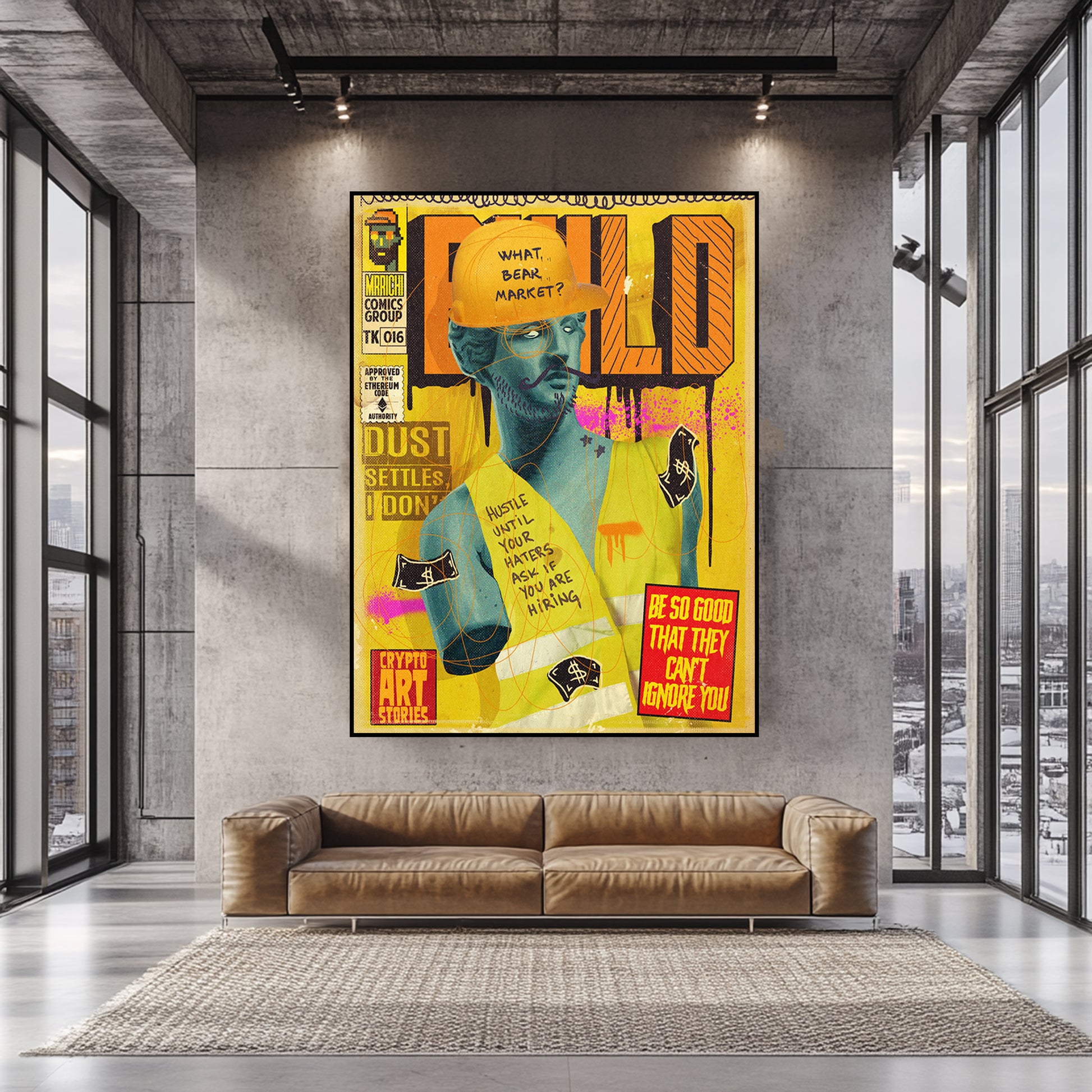 a living room with a couch and a poster on the wall