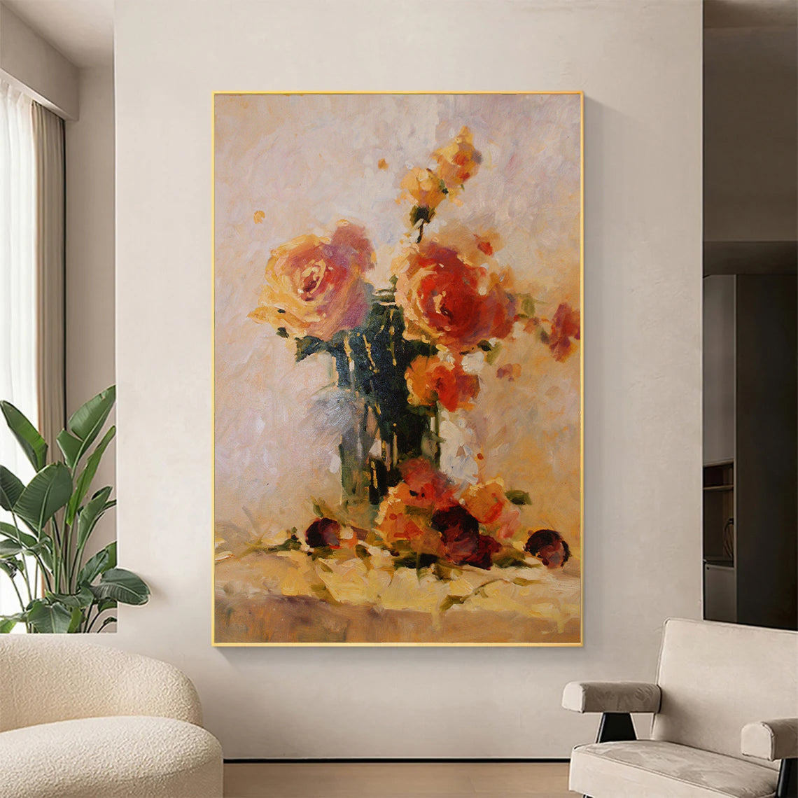 a painting of flowers in a vase on a wall