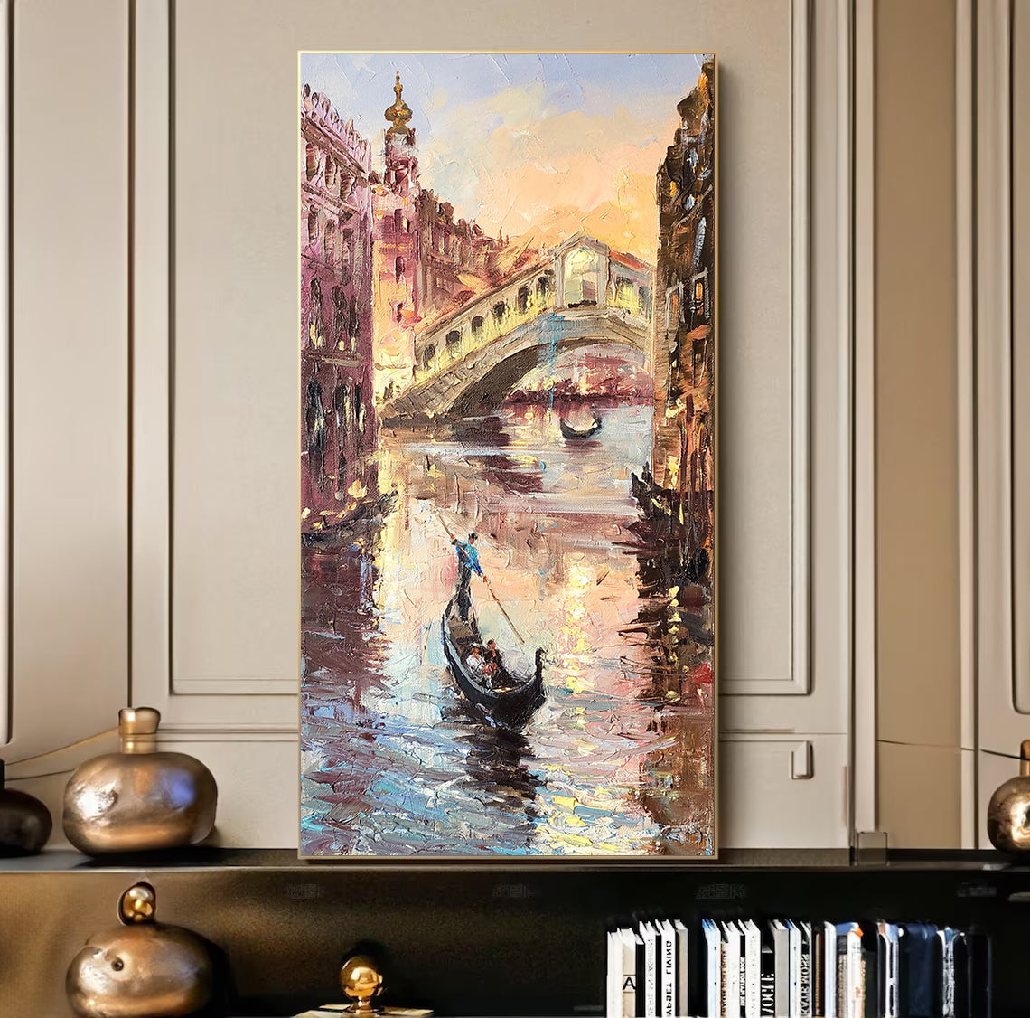 a painting of a gondola on the water