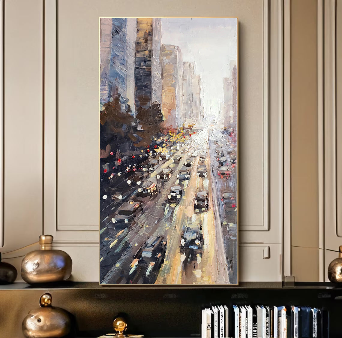 a painting of a city street filled with traffic