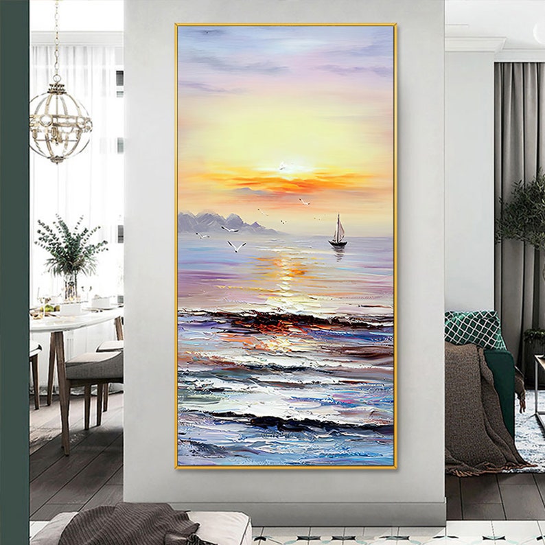 a painting of a sunset over the ocean