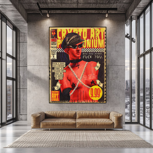 a living room with a couch and a poster on the wall