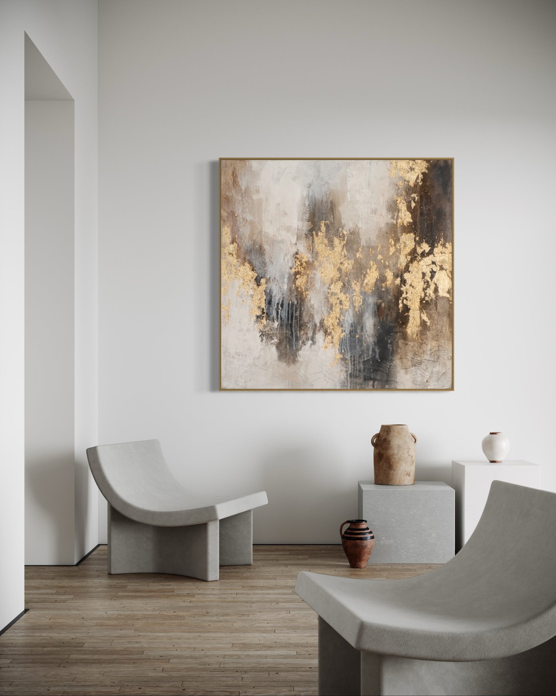 a painting hanging on a wall in a living room