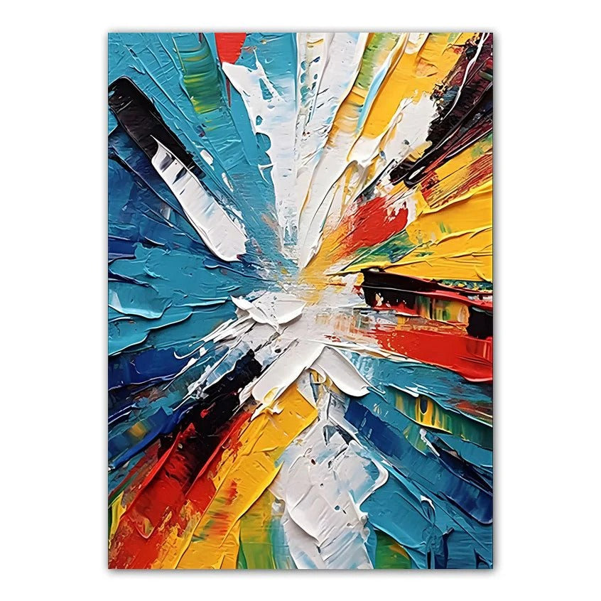 The image is a vibrant, abstract painting featuring a dynamic explosion of colors and brushstrokes.