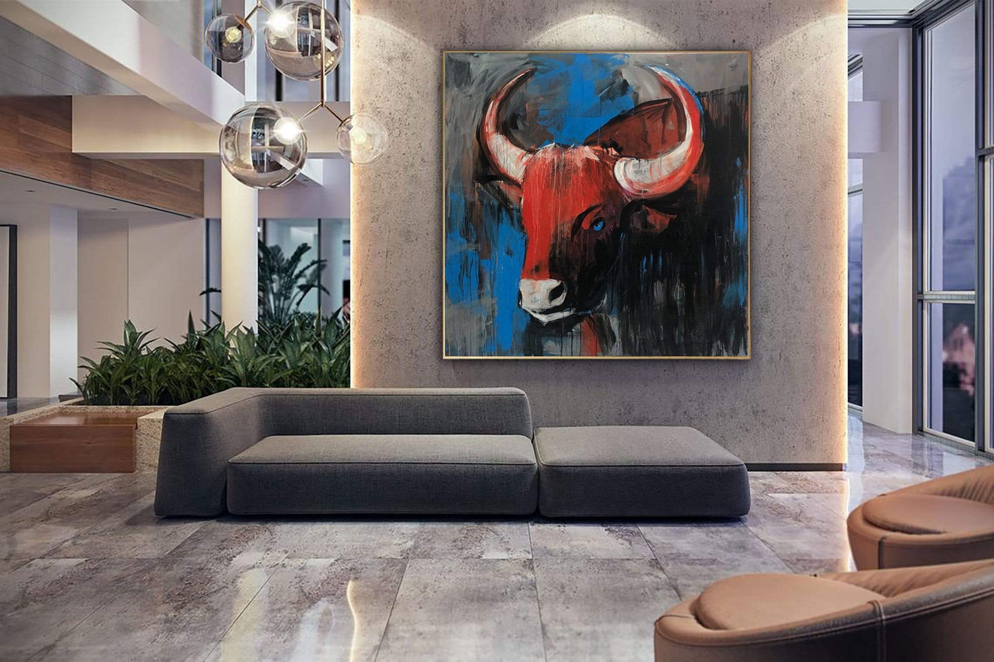 a living room with a couch and a painting on the wall