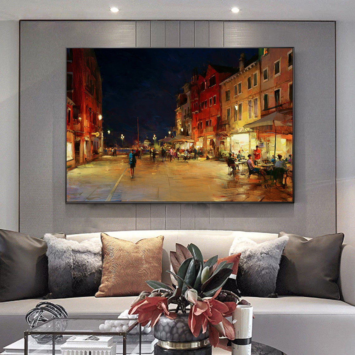 a painting of a city street at night