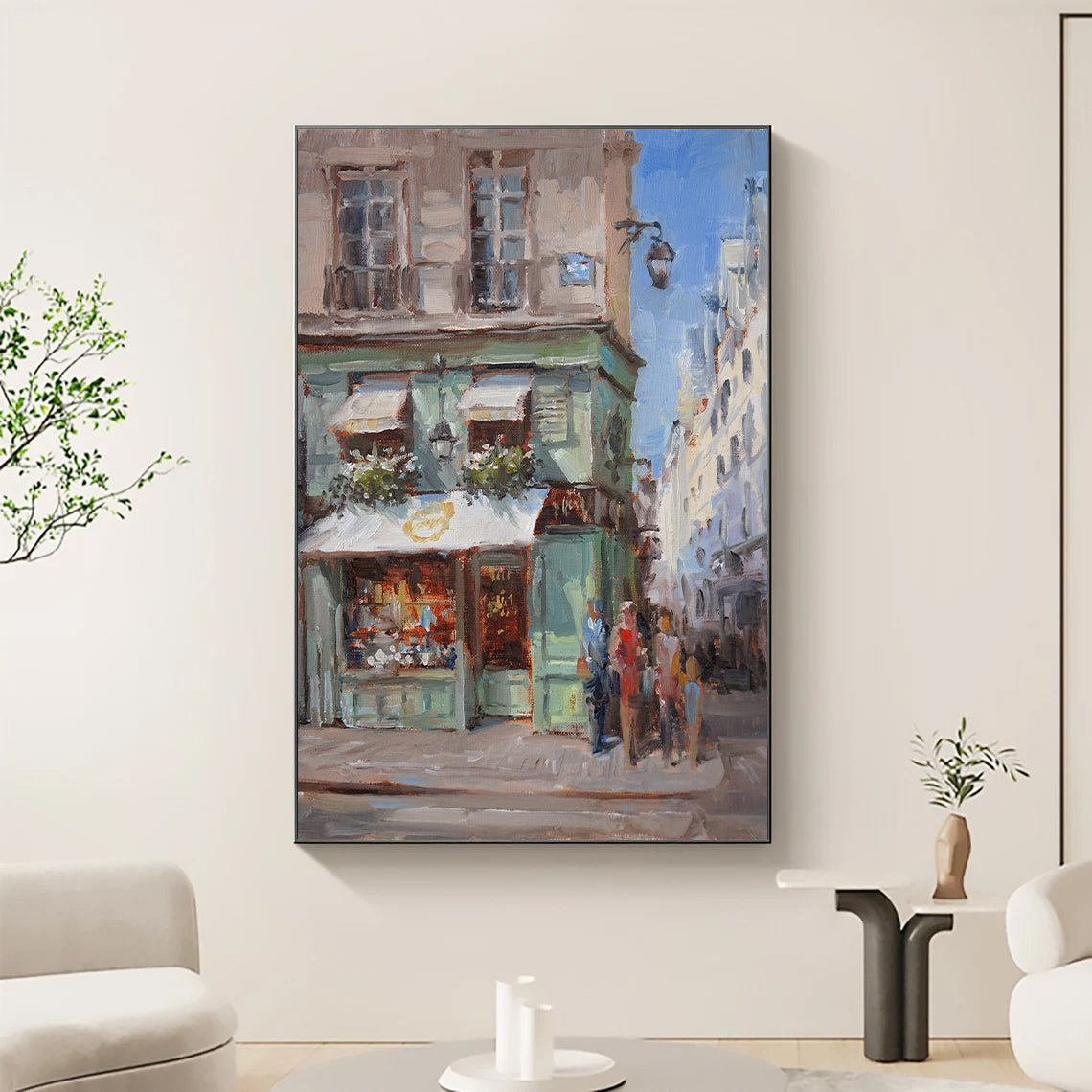 a painting of people walking in front of a store